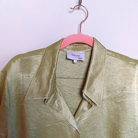 Nanushka Yellow Green Short Sleeve Collared Satin Button Up Shirt Size Large - Picture 4 of 9